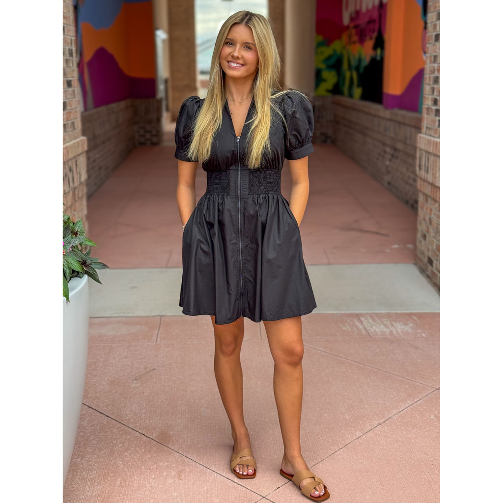 Betsy Solid Short Puff Sleeve Front Zip Mini Dress - Black