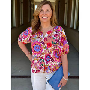 Liverpool Short Sleeve Button Front Shirred Woven Blouse - Floral Paradise Multi