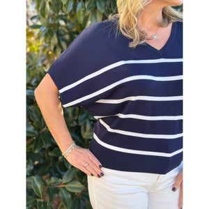 Liverpool Short Sleeve Dolman V-Neck Sweater - Navy White Stripe