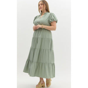 Amberlyn Plus V-Neck Bubble Sleeve Tiered Maxi Dress - Sage