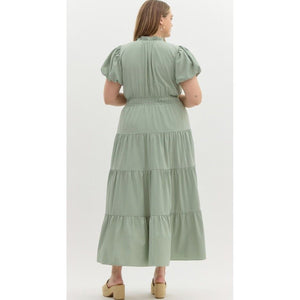 Amberlyn Plus V-Neck Bubble Sleeve Tiered Maxi Dress - Sage