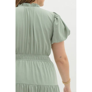 Amberlyn Plus V-Neck Bubble Sleeve Tiered Maxi Dress - Sage