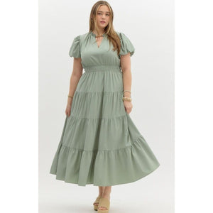 Amberlyn Plus V-Neck Bubble Sleeve Tiered Maxi Dress - Sage