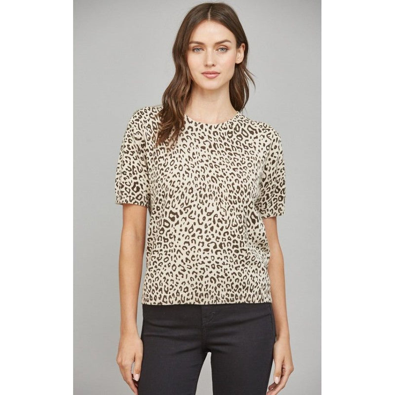 Adina Animal Print Short Sleeve Sweater - Taupe/Brown