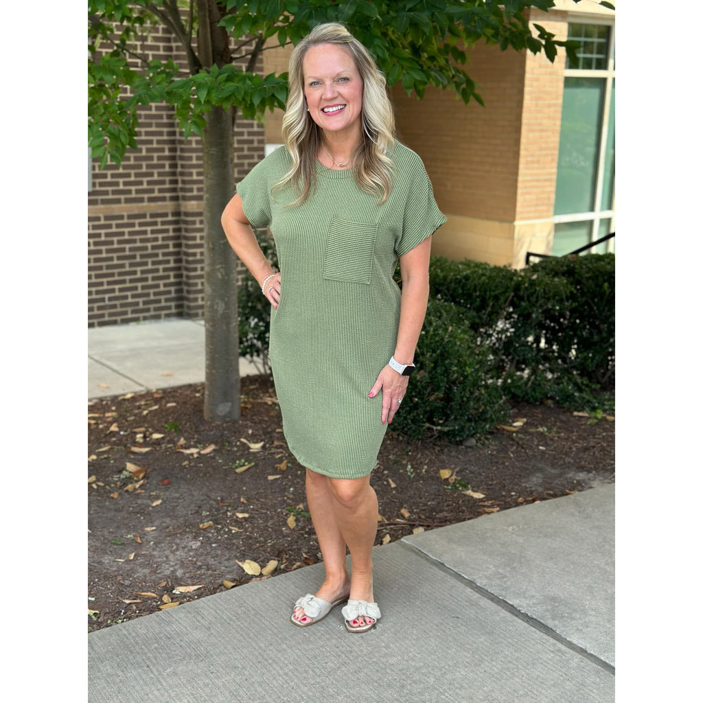 Aurora Ribbed Round Neck Dress - Army Green