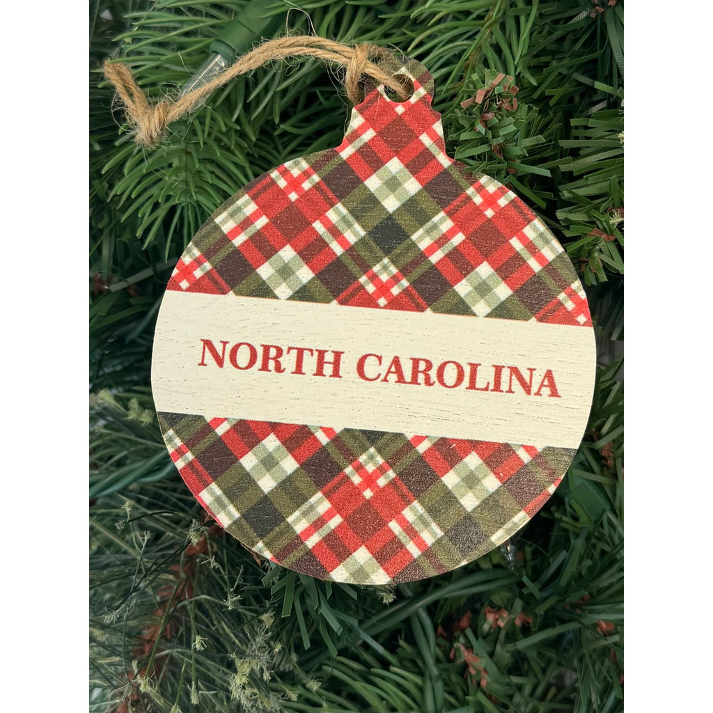 North Carolina Plaid Wooden Bulb Ornament