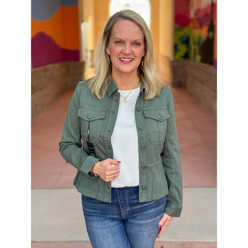 Liverpool Los Angeles Peplum Hem Trucker Jacket - Martini Olive