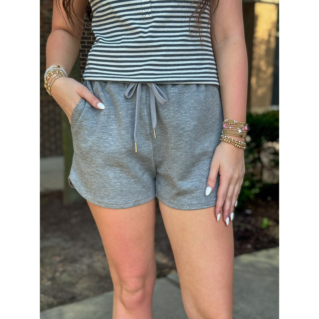 Courtney Elastic Waist Drawstring Shorts - Heather Grey