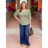 Democracy Elbow Puff Sleeve V-Neck Pintuck Knit Top - Heather Oregano