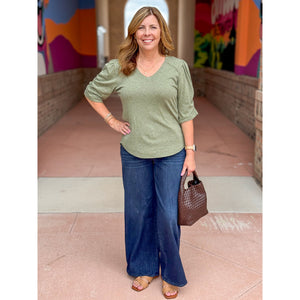 Democracy Elbow Puff Sleeve V-Neck Pintuck Knit Top - Heather Oregano