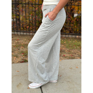 Olivia Ribbed Crossover Waist Wide Leg Lounge Pants - Heather Grey