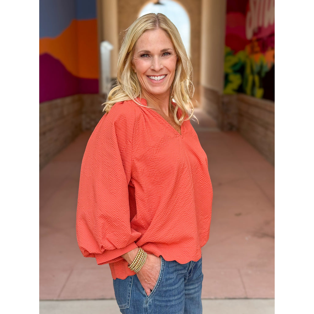 Gina Split V-Neck Textured Top - Burnt Orange