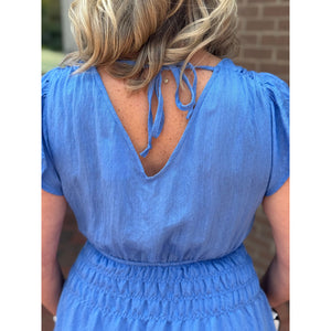 Rhoni Solid Double V-Neck Ruffle Sleeve Dress - Blue