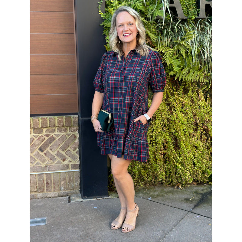 Chapman Plaid Button Down Shift Dress - Navy Multi - FINAL SALE