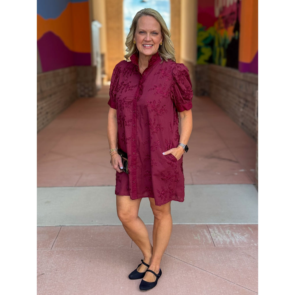 Kathy Floral Applique Dress - Burgundy