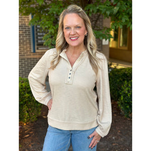 Nellie Ruffle Henley Top - Oatmeal