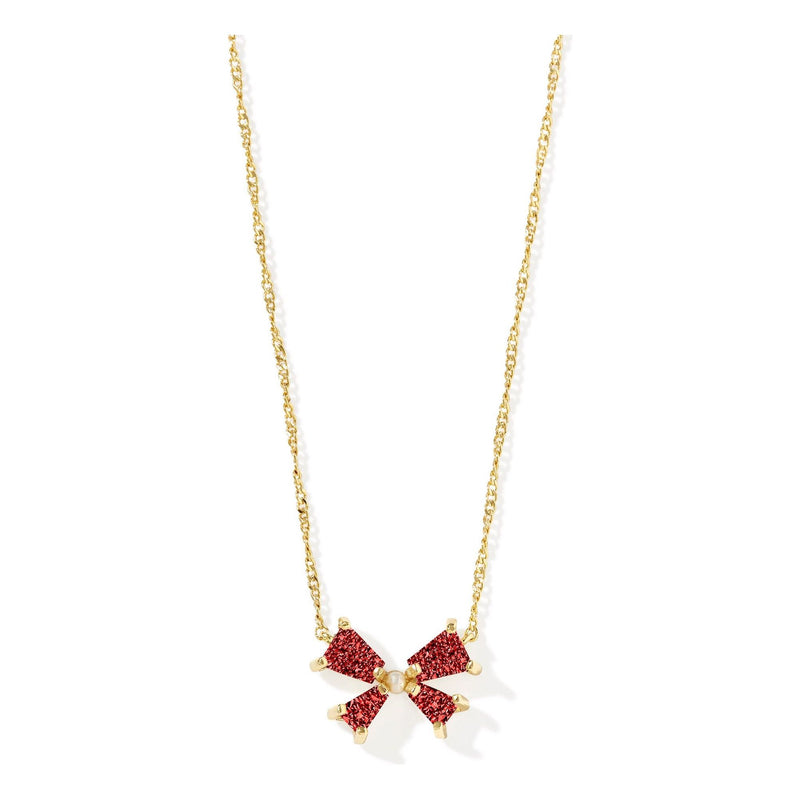 KENDRA SCOTT BLAIR BOW SMALL SHORT PENDANT NECKLACE GOLD BRIGHT RED DRUSY