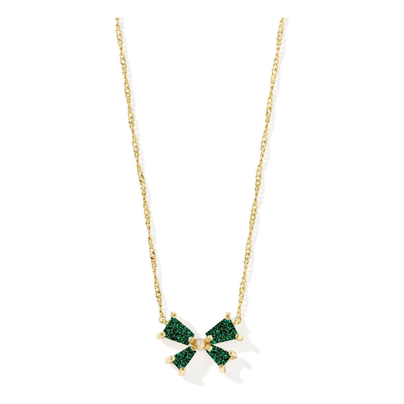 KENDRA SCOTT BLAIR BOW SMALL SHORT PENDANT NECKLACE GOLD EMERALD DRUSY