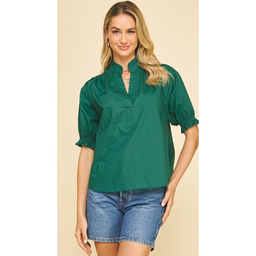Belinda Balloon Sleeve Blouse Top - Forest Green