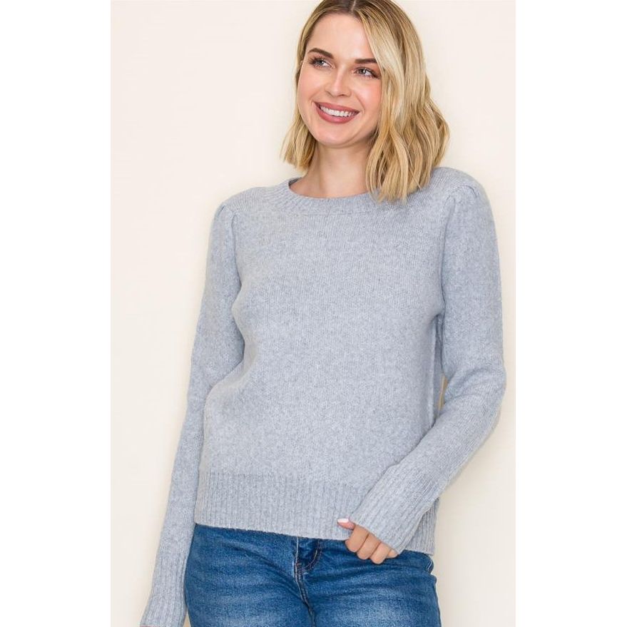 Lisa Long Puff Sleeve Crew Neck Sweater - Heather Grey
