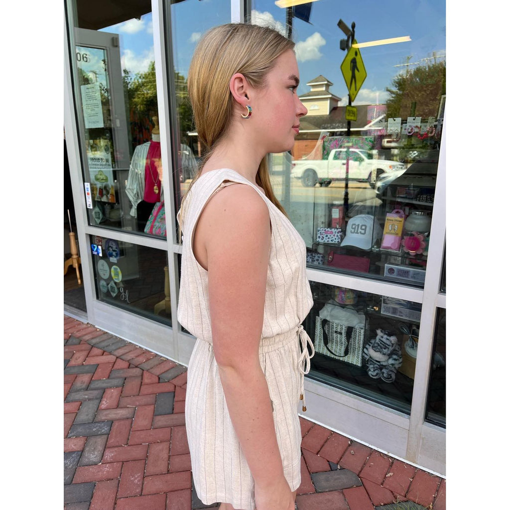 Bindi Stripe Linen Blend Square Neck Romper - Natural Stripe