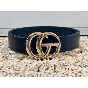 Designer Inspired Faux Leather Belt - Black with Gold Buckle