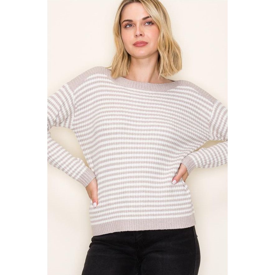 Dallas Striped Boat Neck Pullover Sweater - Oatmeal