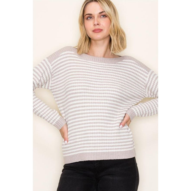 Dallas Striped Boat Neck Pullover Sweater - Oatmeal