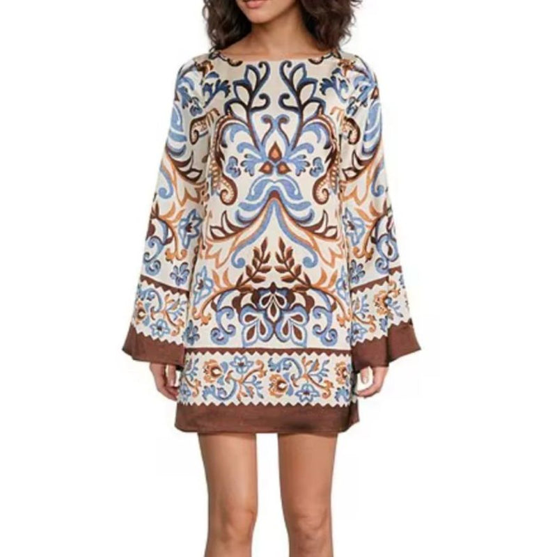 Genevieve Border Print Mini Dress - Ivory/Brown/Blue