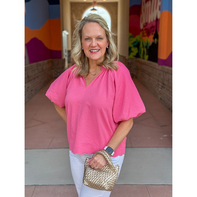 Mira Bubble Sleeve Seersucker Top - Peony Pink