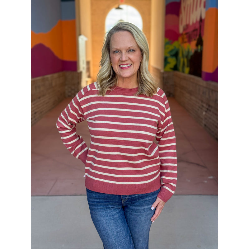 Landyn Striped Raglan Long Sleeve Sweater - Marsala