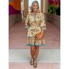Geri Split Neck Balloon Sleeve Mini Dress - Taupe/Teal/Multi