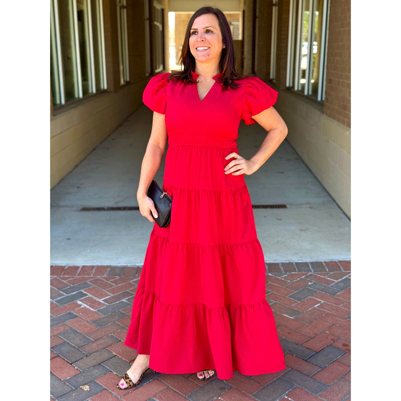 Amberlyn V-Neck Bubble Sleeve Tiered Maxi Dress - Crimson Red