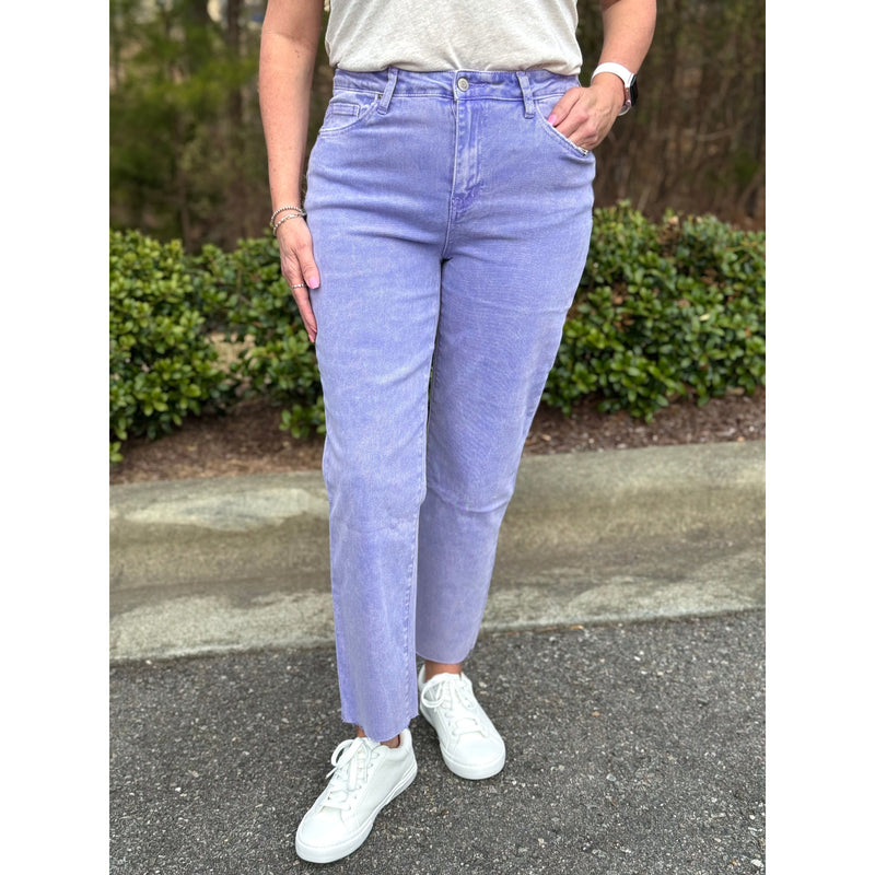 Rory Acid Washed High Waist Cropped Straight Pants - Violet