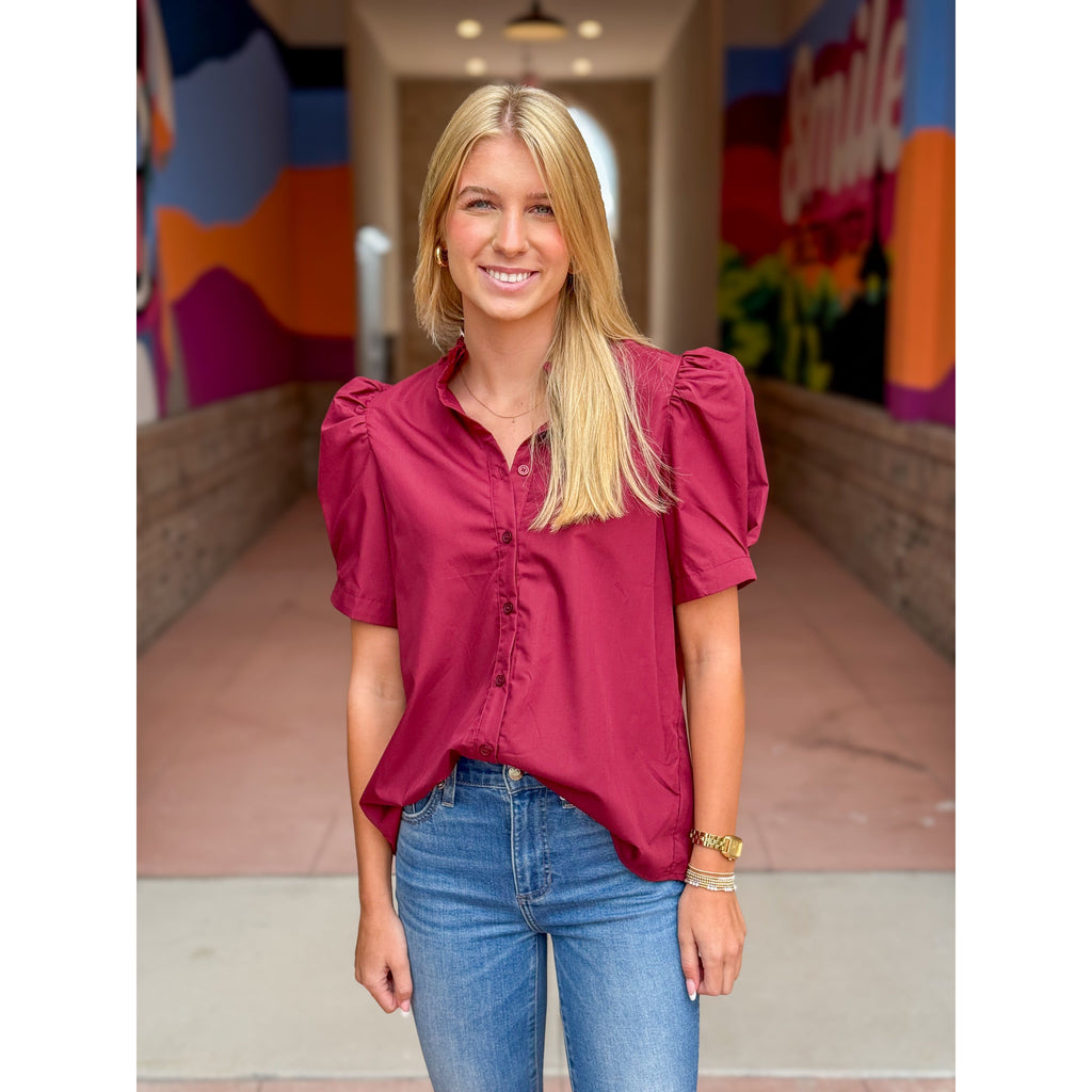 Charley Puff Shoulder Short Sleeve Blouse - Burgundy