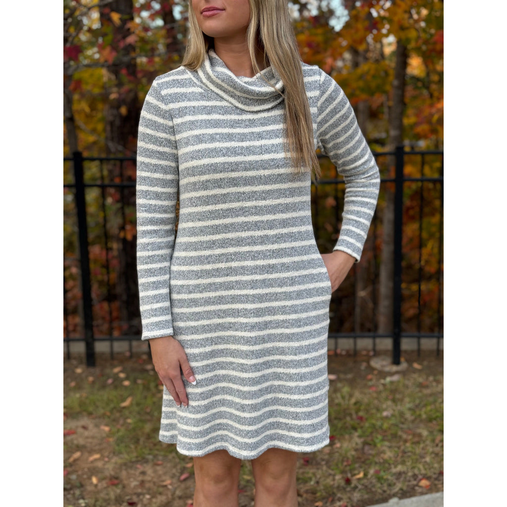 Heidi Turtleneck Long Sleeve Knit Dress - Grey Cream Stripe