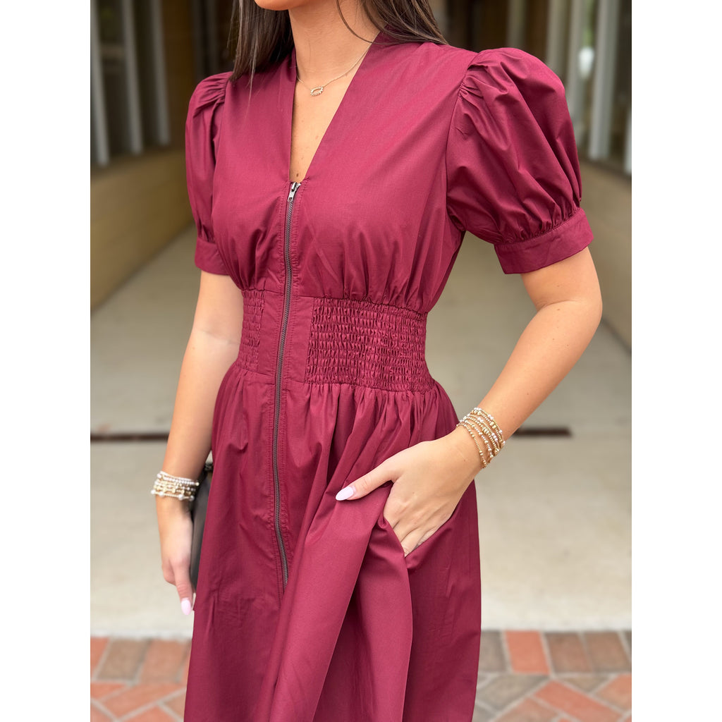 Betsy Solid Short Puff Sleeve Zip Front Mini Dress - Burgundy