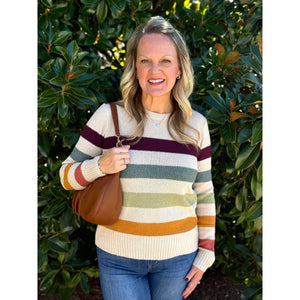 Paisleigh Textured Crew Neck Bold Color Stripe Pullover Sweater - Taupe