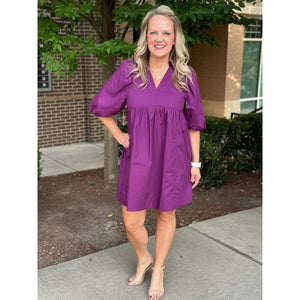 Mariana Collared Short Bubble Sleeve Mini Dress - Eggplant