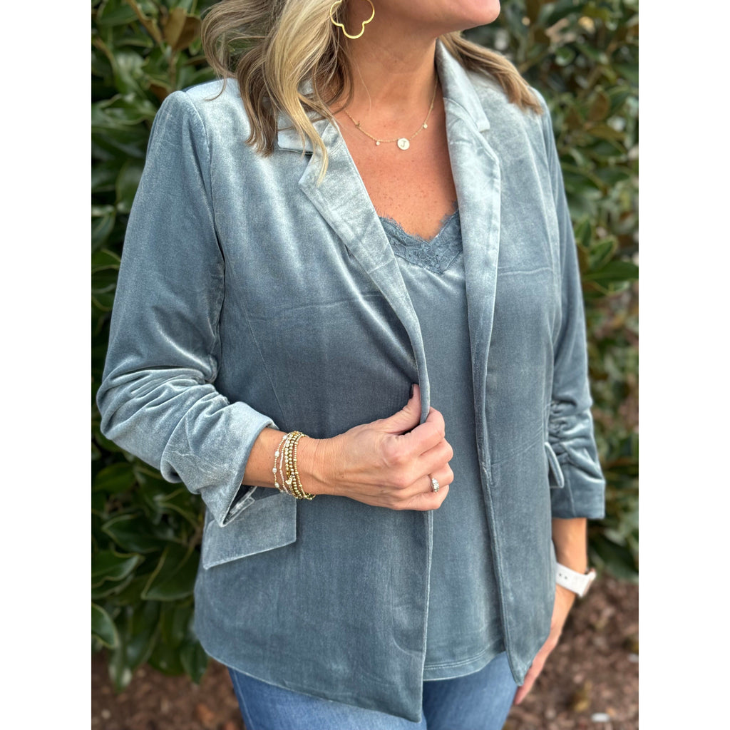 Harbor Ruched Sleeve Velvet Blazer - Dusty Blue