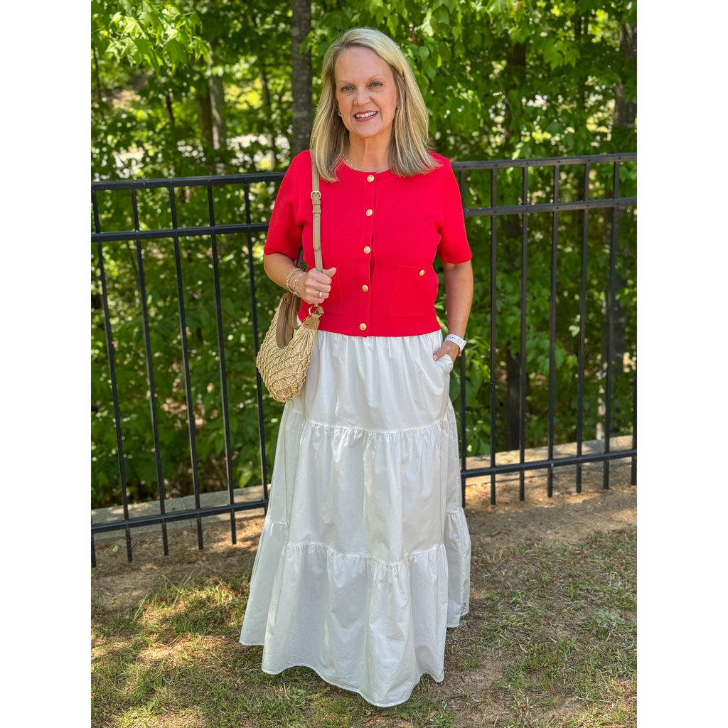 Janice Short Sleeve Knit Cardigan - Red