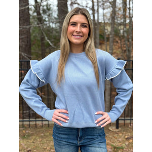 Julia Ruffle Shoulder Sweater - Dusty Blue