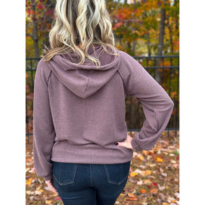 Britta Solid Long Puff Sleeve Ribbed Hoodie - Coco