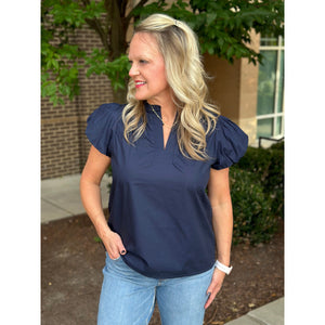 Sutton Ruffle V-Neck Blouse - Navy