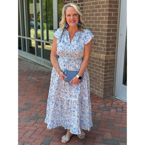 Harper Floral Tiered Midi Dress - Blue