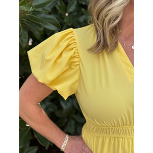 Amberlyn V-Neck Bubble Sleeve Tiered Maxi Dress - Lemon