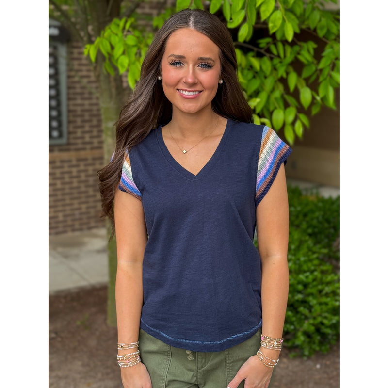 Democracy Multi Color Crochet Cap Sleeve V-Neck Knit Top - Navy
