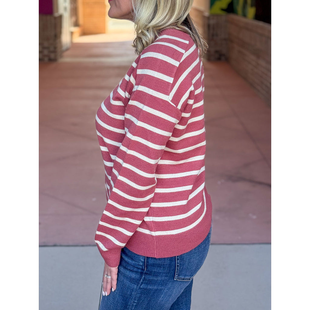 Landyn Striped Raglan Long Sleeve Sweater - Marsala
