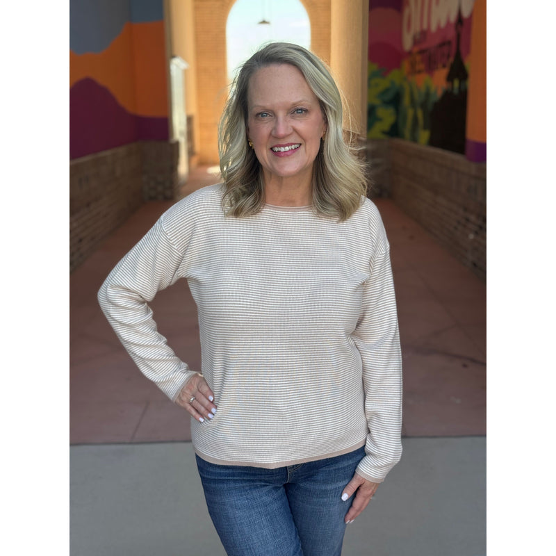 Lillie Waffle Textured Pinstripe Long Sleeve Sweater - Taupe