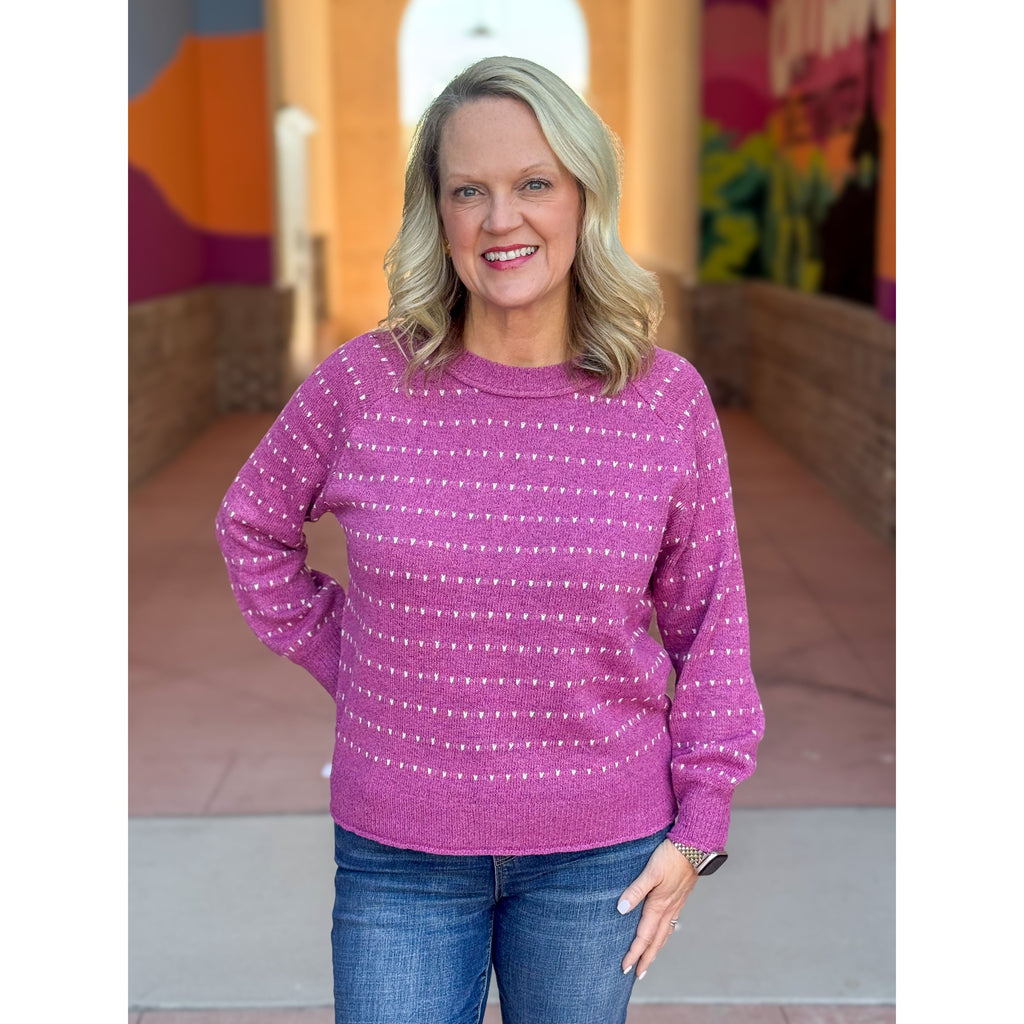 Angie Textured Striped Raglan Sleeve Pullover Sweater - Magenta